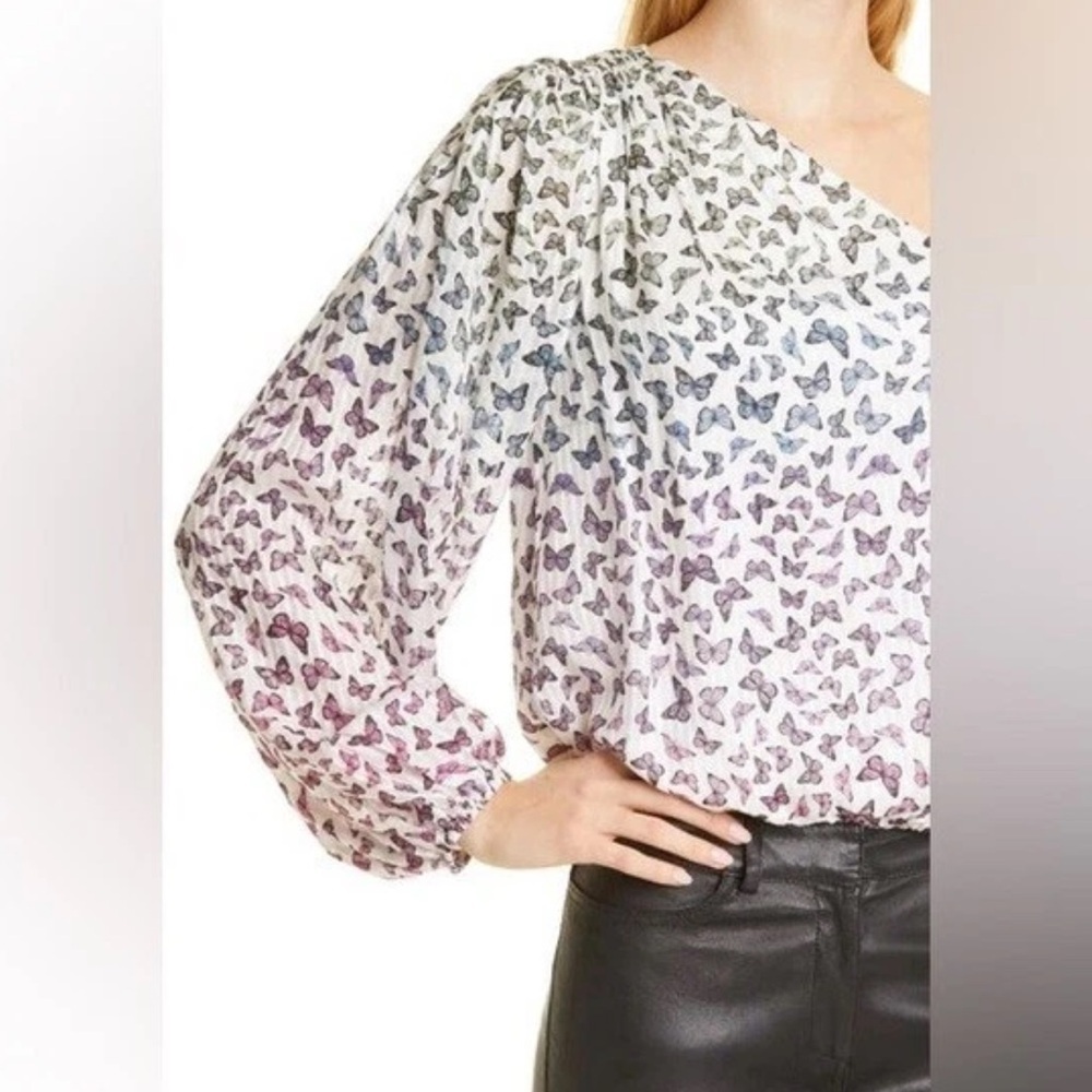 CAMI NYC Lenore Ombré Rainbow Butterfly One-Shoulder Blouson Top Lined Sz Medium - Picture 12 of 13